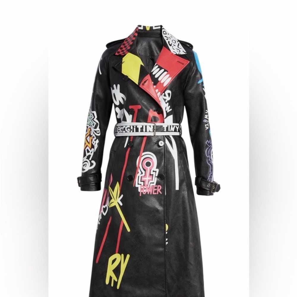 Azalea Wang Graffiti Print Black Trench Coat